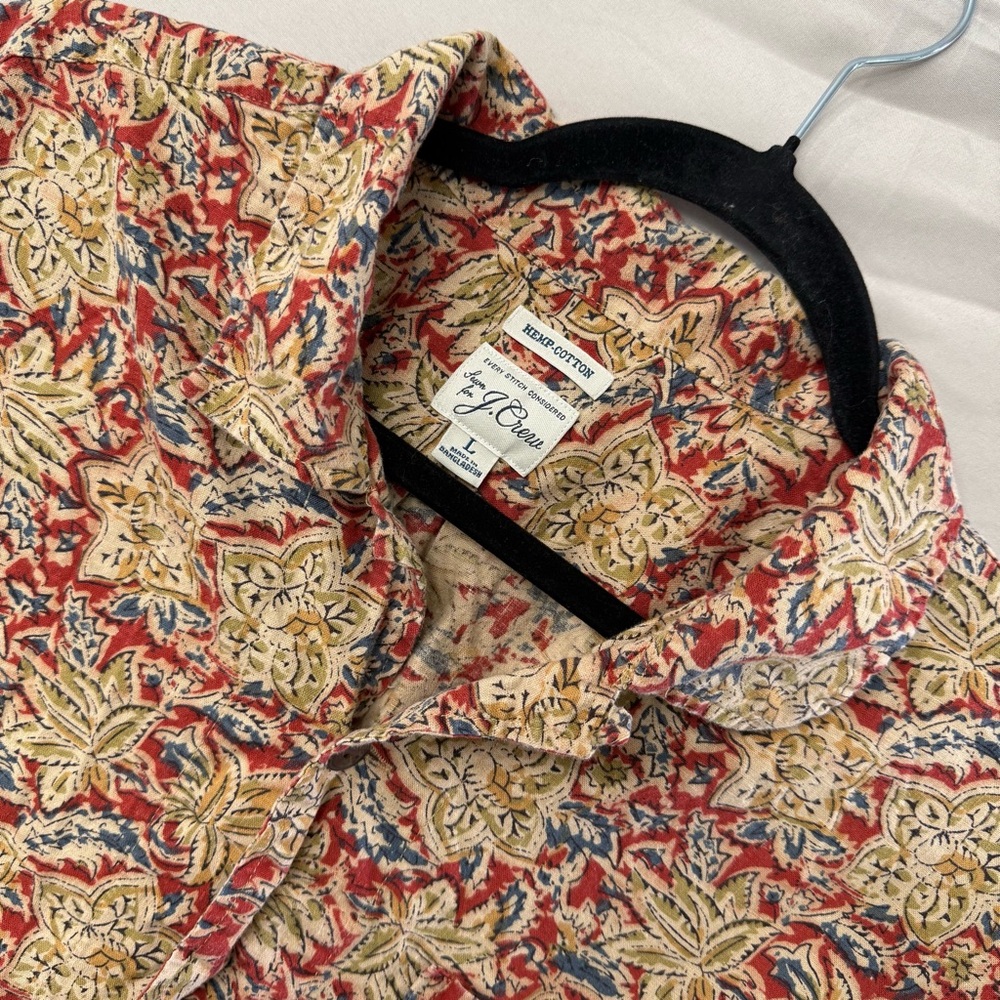 J.CREW Mens Large Button Down Shirt Short Sleeve Hemp-Cotton With Pattern